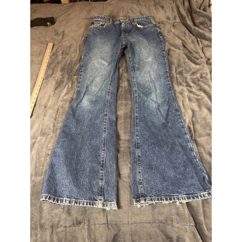 Bongo Vintage 90s High Rise Flare Jeans Medium Wash Studded Denim Size 3